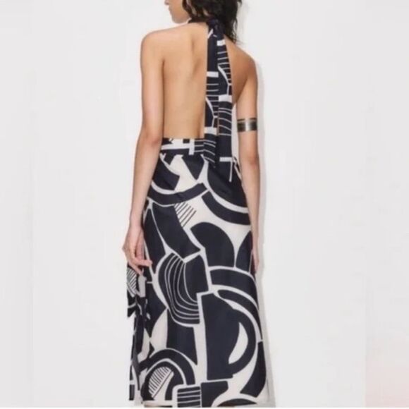 ZARA Nicole Halter Wrap Midi Dress Navy/White Print XS NEW - Picture 3 of 14